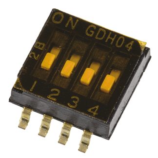 Interruttore DIP GDH04S04, 4P, 25 mA a 24 V cc, 4 posizioni, attuatore a Slitta, Montaggio superficiale