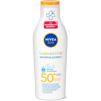 Nivea Sun Babies & Kids · Детский солнцезащитный крем · 50+, UVA/UVB, водостойкий 200 мл