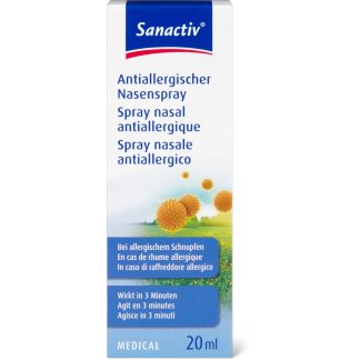 Sanactiv Medical · Противоаллергический назальный спрей · При аллергической простуде — действует через 3 минуты 20 мл