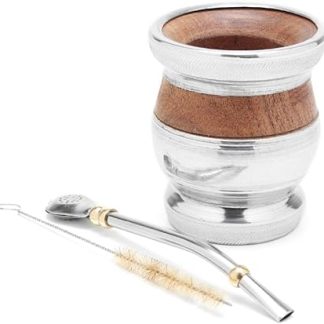 BALIBETOV Yerba Mate Gourd Set - Traditional Carob Wood With Aluminum Base and Rim - Mate Cup With Bombilla (Yerba Mate Straw)