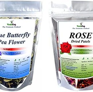 VY VedaYug Blue butterfly pea flower 20 g + rose petals tea 25 g for drinks, iced teas, refrigerators (45 g)