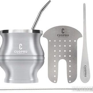 Cuopru Yerba Mate Cup Bombilla - Mate Gourd Set Includes Double Walled Stainless Steel Tea Cup, Tea Shaper set, Bombilla Straws, Cleaning Brush