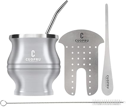 Cuopru Yerba Mate Cup Bombilla - Mate Gourd Set Includes Double Walled Stainless Steel Tea Cup, Tea Shaper set, Bombilla Straws, Cleaning Brush