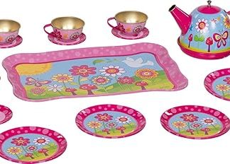 Teeservice aus Blech Funky Flowers: Tablett: 23,5 x 15,5 x 1 cm, Blech, 14 Teile, per Set