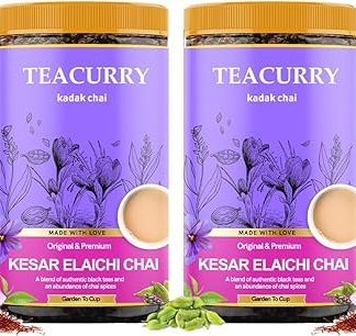 TEACURRY Kesar Elaichi Chai (200 Grams, 100 Cups) - Saffron Cardamom Chai with Assam Black Tea - 100% Natural Flavoured Tea with Real Kesar, Elachi | Refreshing & Tasteful Kesar Elaichi Flavor Chai