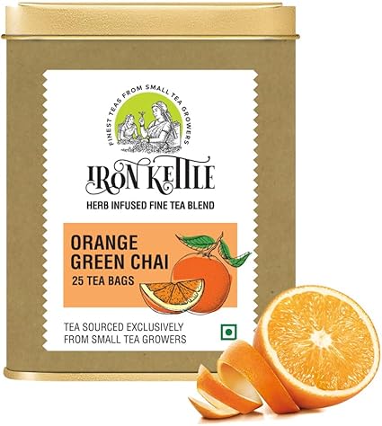 Iron Kettle Orange Green Tea | High Grown Green Tea bag blended with Peel & natural Orange extract | Sourced exclusively from small tea growers with higher fine leaf count | 25 Tea bags