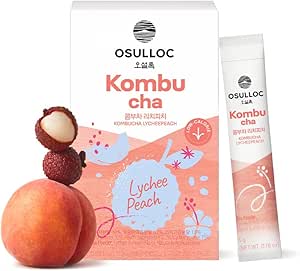OSULLOC Kombucha Tea LycheePeach (Lychee & Peach Blending), Sparkling Powdered Mix Beverage, No added sugar, 10 Sticks, 1.76oz