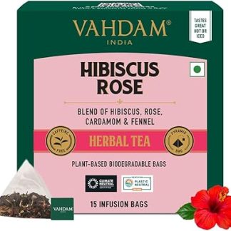 VAHDAM Hibiscus Rose Herbal Tea (15 Pyramid Tea Bags) | 100% Pure Caffeine Free, Non-GMO & Gluten Free | Hibiscus Tea Floral Flavor Tisane - Rose Petals & Exotic Spices | Resealable Ziplock Pouch
