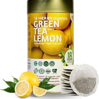 18 Herbs Organics Health with Herbs Green Tea With Lemon (40 Tea Bags - 54 Grams - Tin Caddy - Pack Of 1) Lemon Green Tea Fights Infection - Chemical Free Unique Round Immunity Booster Tea Bags