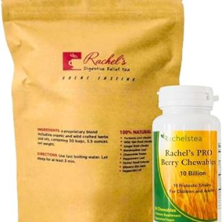 Rachel’s Digestive Relief Tea diverticulitis Colitis Crohn’s Specialty Tea Soothing Digestion with Berry Chewable 10 Billion Acid Resistant probiotic strains. Adults, Kids, Great Taste