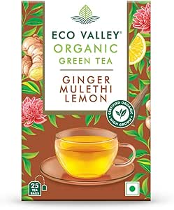 Eco Valley Organic Green Tea, Ginger, Lemon and Mulethi, 30 Tea Bags
