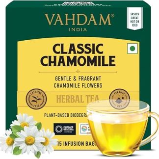 VAHDAM Classic Chamomile Herbal Tea Bags (15 Pyramid Tea Bags) | 100% Pure Herbal Tisane - Sweet & Floral | Caffeine Free, Non-GMO, Gluten-Free | Natural Whole Leaf Tea Bags | Resealable Ziplock Pouch