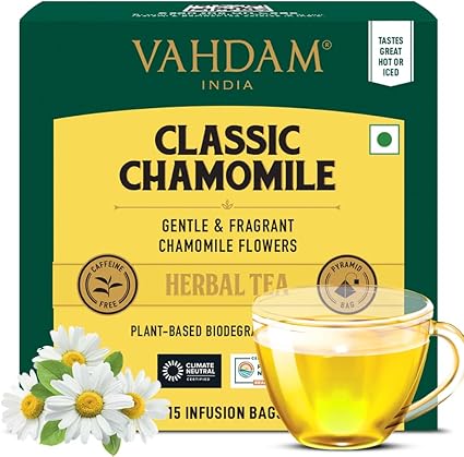 VAHDAM Classic Chamomile Herbal Tea Bags (15 Pyramid Tea Bags) | 100% Pure Herbal Tisane - Sweet & Floral | Caffeine Free, Non-GMO, Gluten-Free | Natural Whole Leaf Tea Bags | Resealable Ziplock Pouch