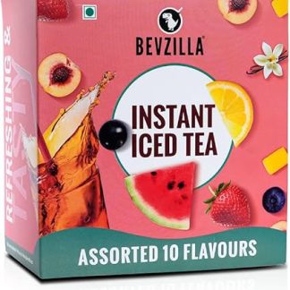 Bevzilla Iced Tea Powder Assorted 10 Flavours Pack, Ice Brew, Cold Brew, Strong And Highly Flavourful, No Artificial Ingredients, 30 Calorie Instant Ice Tea Powder, 30 Gm Each Sachet X 10