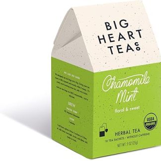 Big Heart Tea Co. Tea Bags - Chamomile Mint - Certified Organic, Calming Herbal Decaf Tea in Zero Plastic Sachets with Small Batch Ground Herbs - Spearmint and Lemongrass, 10 Tea Bags