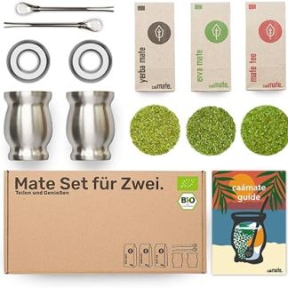 Mate Tea Set Organic ● 3 Mates + 2 Double-Walled Stainless Steel Mate Cups + 2 Bombillas + Preparation Instructions (Silver)