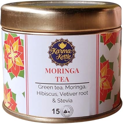 Karma Kettle Moringa Green Tea with Moringa Leaf, Hibiscus Flower, Vetiver Root & Stevia Leaf (15 Pyramid Teabags), 30 g