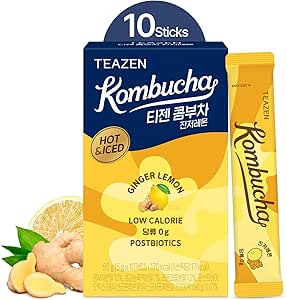 TEAZEN Lemon Ginger Hot Kombucha Tea, Live Probiotics & Postbiotics, Relaxation and Warmth for Colds and Sore Throat, Sugar Free, Low Caffeine, Fermented Kombucha Powder from Korea, 10 Sticks, 1.76oz