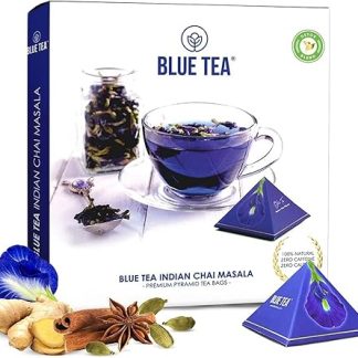 BLUE TEA Indian Chai Masala Caffeine Free Herbal Tea for Detox Butterfly Pea Flower, Cinnamon, Cardamom, Clove, Ginger (12 Handcrafted Pyramid Teas, 24 cups)