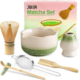 JBER Matcha Set, Matcha Tea Set 7 Pieces - Bamboo Matcha Broom, Broom Holder and Matcha Bowl with Pourer, Strainer, Teaspoon and Spoon Holder, Gift for Matcha Ceremony (Colour Gradient Green)