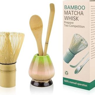 4-Piece Matcha Tea Set – Traditional Japanese Matcha Kit with Bamboo Whisk, Scoop, Ceramic Whisk Holder & Sifter – Beautiful Kiln-Glazed Green Design