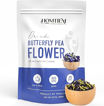 Homtiem-Dried Butterfly Pea Flower 3.5oz(100g), Non-GMO, Vegan, Natural and Healthy, Food and Drink, Skin and Hair,
