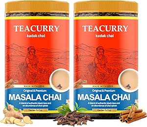 TEACURRY Masala Chai (200 Grams, 100 Cups) - Masala Assam Tea for Digestion - 100% Natural Spiced Black Tea with Real Elachi, Ginger, Cinnamon, Bay leaves, Pepper, Turmeric