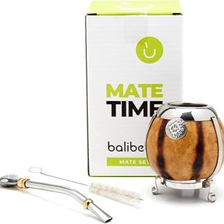 BALIBETOV [New Handmade Yerba Mate Gourd Set - German Silver Trim and Base - [Mate Cup] with Bombilla [Yerba Mate Straw] (NATURAL)