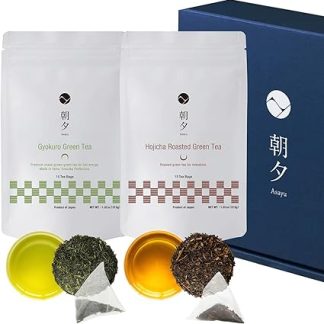 Asayu Japan Green Tea Set, Daily Essentials Duo Gift Box (Japanese Gyokuro and Hojicha) 30 Tea Bags 100% Made in Japan, Premium Shade Grown Tea for Morning and Roasted Green Tea for Evening