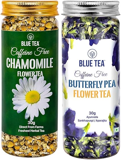 BLUE TEA - Combo Pack - Butterfly Pea Flower Tea (30 Gms ) + Chamomile Flower Tea (30 Gms) | Detox Herbal & Sleep Tea, Iced Teas | Pet Jar Pack