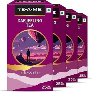 TE-A-ME Black Darjeeling Tea, Pack of 4 Boxes with 25 Tea Bags in Each Box (4 Boxes x 25 Tea Bags = 100 Tea Bags)