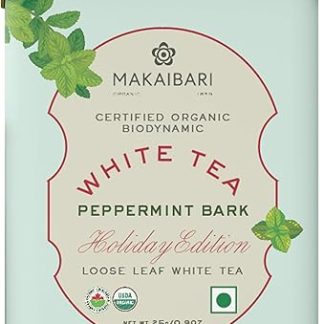 Makaibari Holiday Edition : White Peppermint Bark| USDA Certified Premium White Tea | Anti-Oxidants, Immunity Booster, Low Caffeine | Supports Healthy Skin | Tin Caddy | 50g