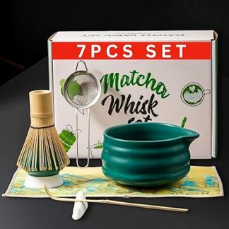 Matcha Whisk Set – Japanese Tea Set | 7PCS Ceramic Matcha Set Includes Matcha Bowl with Spout, Matcha Holder, Bamboo Whisk, Bamboo Scoop & Scoop Rest | Traditional Gift