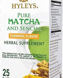 Hyleys Japanese Pure Matcha Turmeric Green Tea - 25 Tea Bags, 100% Natural, Sugar Free, Gluten Free and Non-GMO), 12 Pack (300 Count)