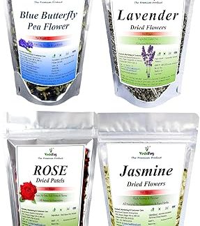 VY VedaYug Blue Butterfly Pea Flower + Rose Petals + Lavender Flowers + Jasmine Dry Flowers Herbal Tea Ingredient Set | Flower Drinks, Iced Teas, Coolers, Cocktails | 95Gm Blue+Rose+Lavender+Jasmine