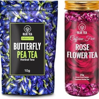 BLUE TEA - Combo Pack - Butterfly Pea Flower Tea (10gm - 20 Cups) + Rose Tea (25gm - 50 Cups) | DETOX TEA | Vit-C Rich - Caffeine Free - Flower Based - Herbal Tea - Non GMO | Zipper & Pet Jar