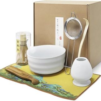 Matcha Set, Matcha Tea Set - Matcha Broom Set with Whisk, Broom Holder, Ceramic Matcha Bowl, 2 Teaspoons - Japanese Accessories for Matcha Ceremony, Perfect for Preparation