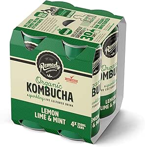 Remedy Organic Kombucha Lemon Lime and Mint Cans Multipack, 250 ml (Pack of 4)