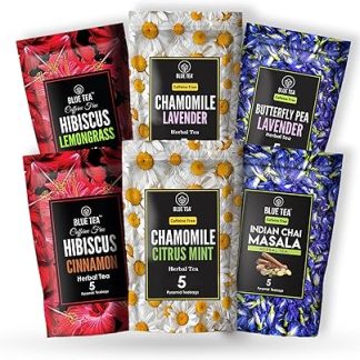 BLUE TEA - Assortment Flower Herbal Sampler Tea Pack (6 Flavors, 30 Tea Bags - Plant Based) | Herbal Tea - Caffeine Free | Natural Ingredients | Featured In Shark Tank | Zipper