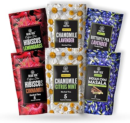 BLUE TEA - Assortment Flower Herbal Sampler Tea Pack (6 Flavors, 30 Tea Bags - Plant Based) | Herbal Tea - Caffeine Free | Natural Ingredients | Featured In Shark Tank | Zipper