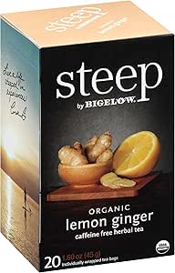 steep by Bigelow Organic Lemon Ginger Herbal Tea, Caffeine Free, 20 Count (Pack of 6), 120 Total Tea Bags