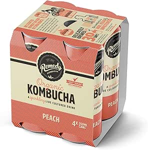Remedy Organic Kombucha Peach Cans Multipack, 250 ml (Pack of 4)
