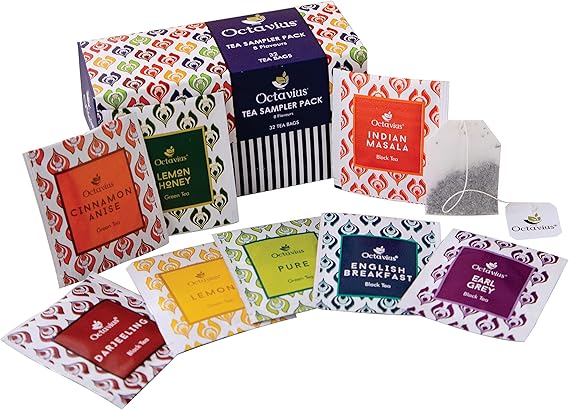 Octavius Tea Sampler Pack - 32 Enveloped Tea Bags | Assortment of 8 Fine Black & Green Tea Flavors