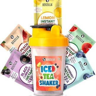 Bevzilla Instant Ice Tea & Shaker Pack With 5 Flavoured Sachets| Black Currant, Watermelon, Blueberry, Peach Passion & Lemon |BPA Free Shaker 500 Ml | Protein Shaker | Leak Proof | Gym Shaker Bottle