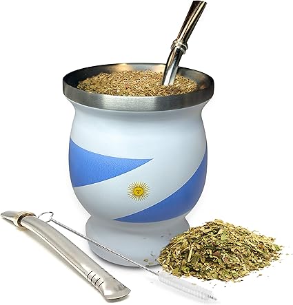 Norte Yerba Mate Natural Gourd/Tea Cup Set Argentinian Flag/Argentina, Includes 2 Bombillas (Yerba Mate Straws) & Cleaning Brush, Stainless Steel, Double-Walled, (Original Traditional Mate Cup - 8 oz)
