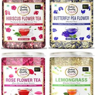 Online Quality Store Organic Hibiscus Flower Tea, Butterfly Pea, Rose, Lemongrass Combo-400g(100g x 4 Pack)|Caffeine Free Herbal Tea Used for Iced Tea Cocktails, Mocktail & Syrups
