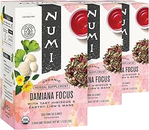 Numi Organic Damiana Focus Herbal Tea, 48 Tea Bags, Caffeine‑Free Blend with Damiana Ginkgo Lion’s Mane Hibiscus Mint Licorice & Marshmallow for Mental Clarity and Energy
