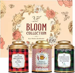 SAN-CHA Bloom Tea Collection Gift Box: English Breakfast, Masala Chai, Darjeeling Tea Bags Assortment