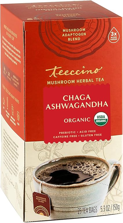 Teeccino Chaga Ashwagandha Tea - Butterscotch Cream - 25 Tea Bags - Organic Mushroom Adaptogenic Herbal Tea, 3x More Herbs than Regular Tea Bags, Prebiotic, Caffeine Free, Gluten Free