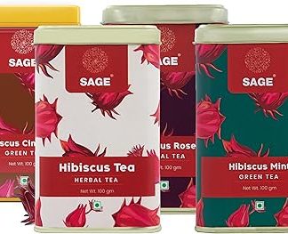 SAGE Hibiscus Tea | Green Tea | Flower Tea | Herbal Tea | Cinnamon Tea | Rosella Tea | Mint Tea | Tea Leaves | Sabdariffa Tea | Tea Combo | Tea Gifting Set (Pack Of 4) (14.10 Ounces)